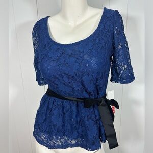 NEW Elle M Lace Peplum Top Womens Short Sleeves Navy Knit Shirt Tunic Tie Waist